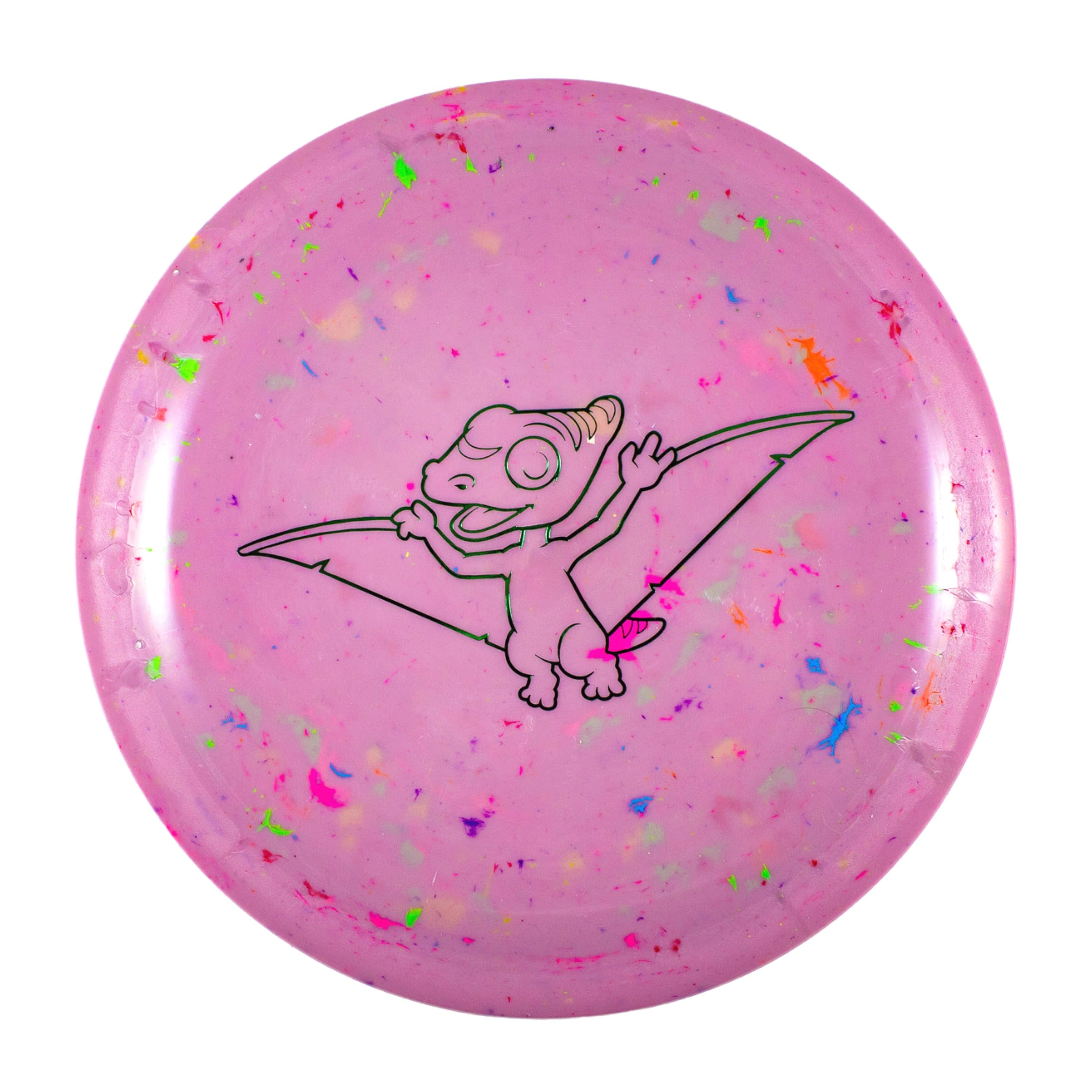 Pink disc golf disc with pterodactyl egg design